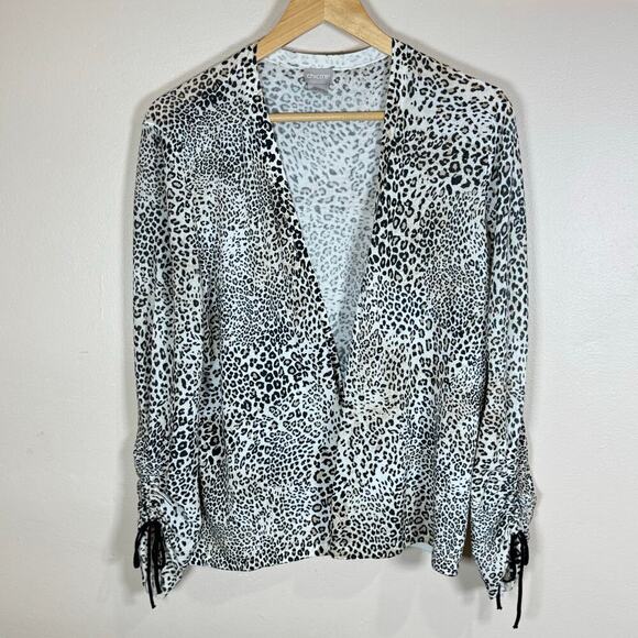 Chicos Sweaters - Chicos Open Front Cardigan Leopard Print Tie Sleeve Large Knit Lagenlook Classic